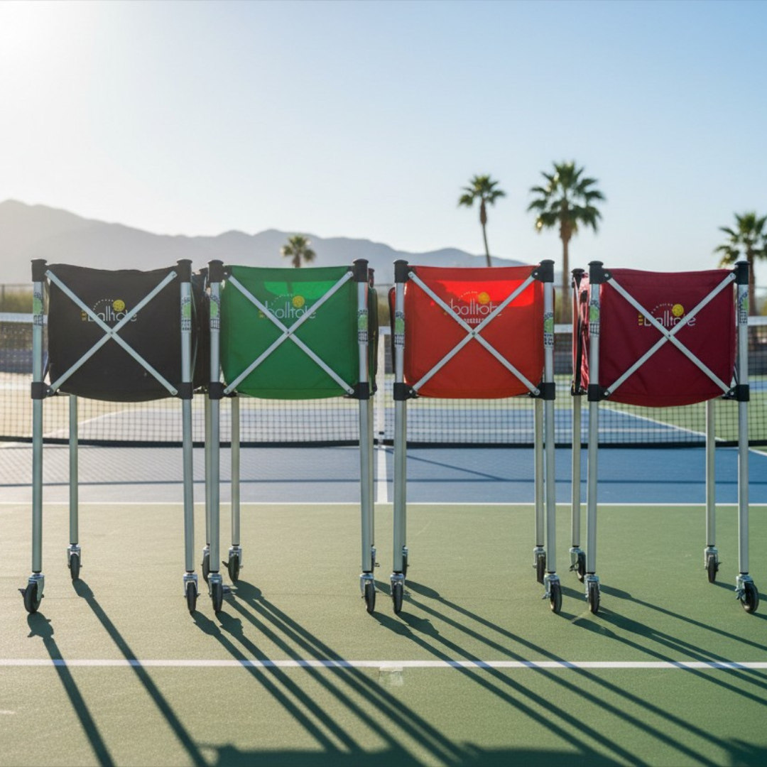 tennis ball cart, pickleball cart, ball tote bag, coaching equipment, tennis training cart, pickleball training gear, portable sports cart, ball storage tote, coaching tools, court equipment cart