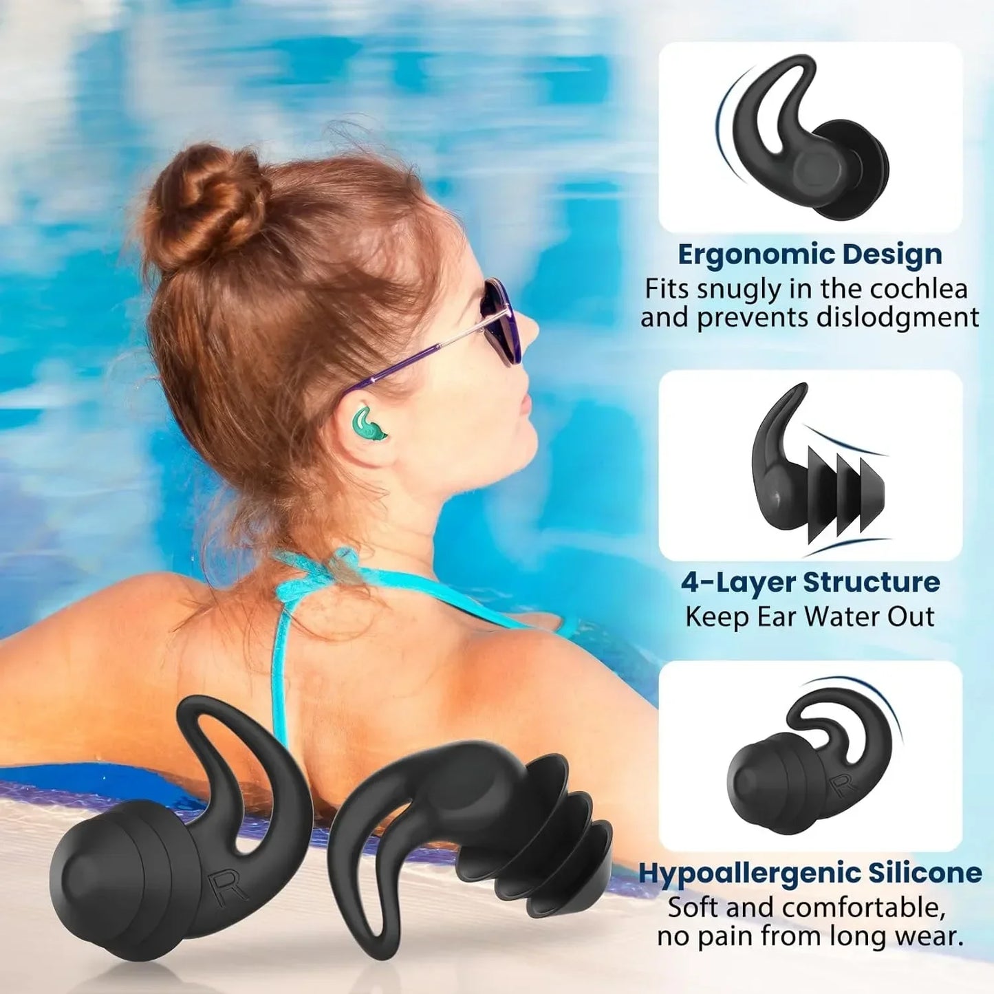 4 Pairs Reusable Silicone Swimming Earplugs