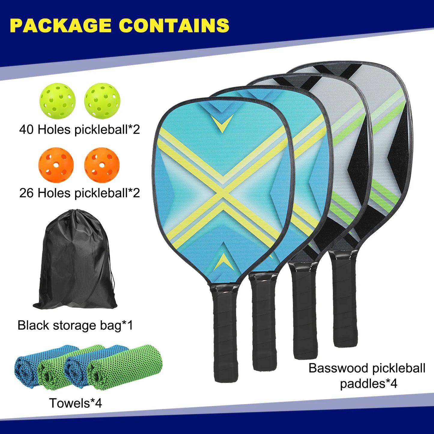Pickleball Paddles Set with 4 Wooden Rackets, Balls