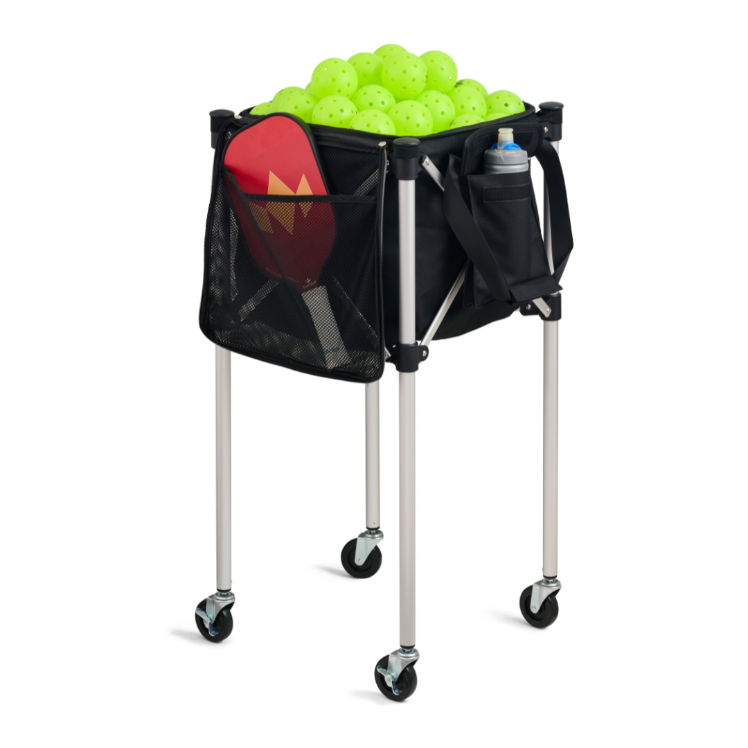 tennis ball cart, pickleball cart, ball tote bag, coaching equipment, tennis training cart, pickleball training gear, portable sports cart, ball storage tote, coaching tools, court equipment cart