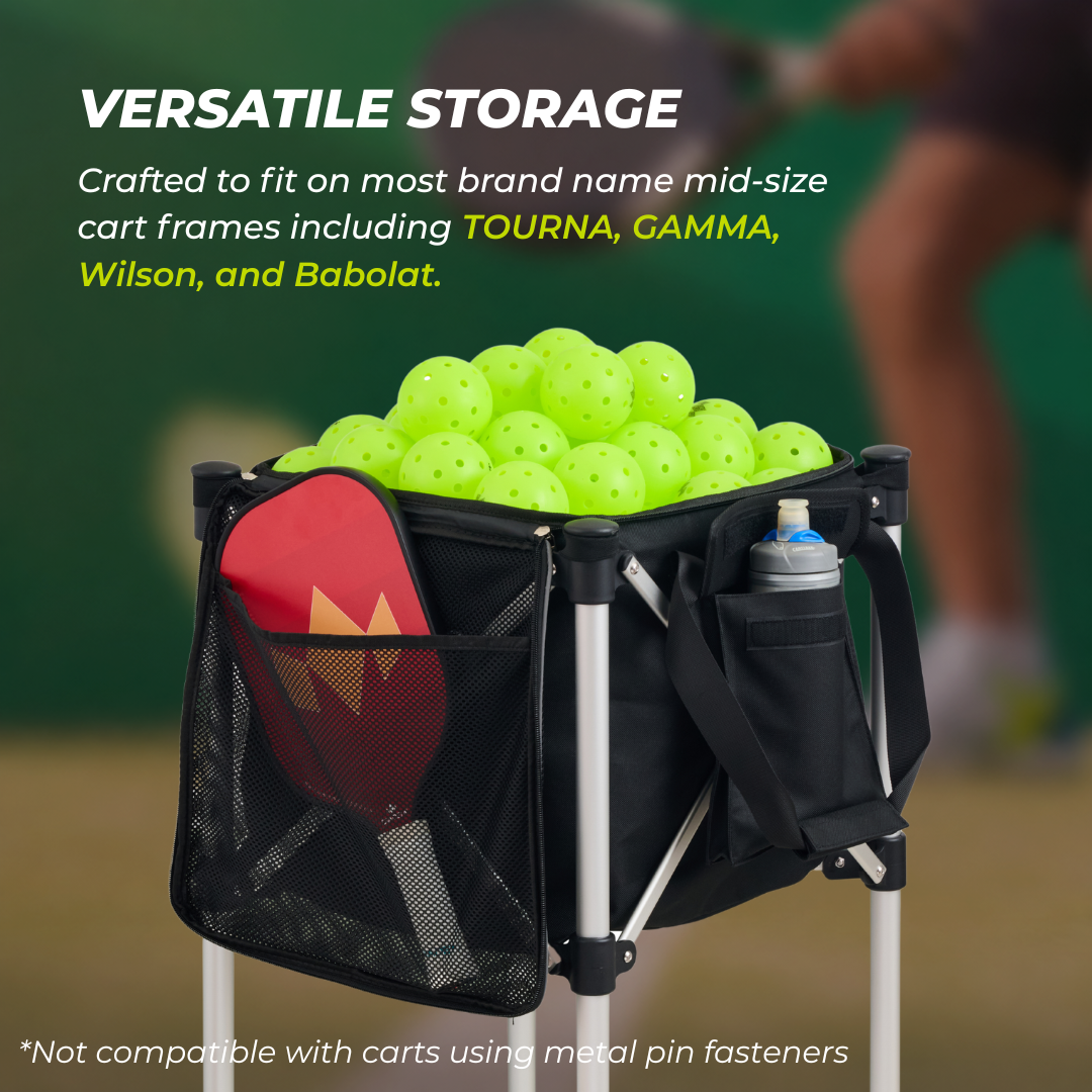 tennis ball cart, pickleball cart, ball tote bag, coaching equipment, tennis training cart, pickleball training gear, portable sports cart, ball storage tote, coaching tools, court equipment cart