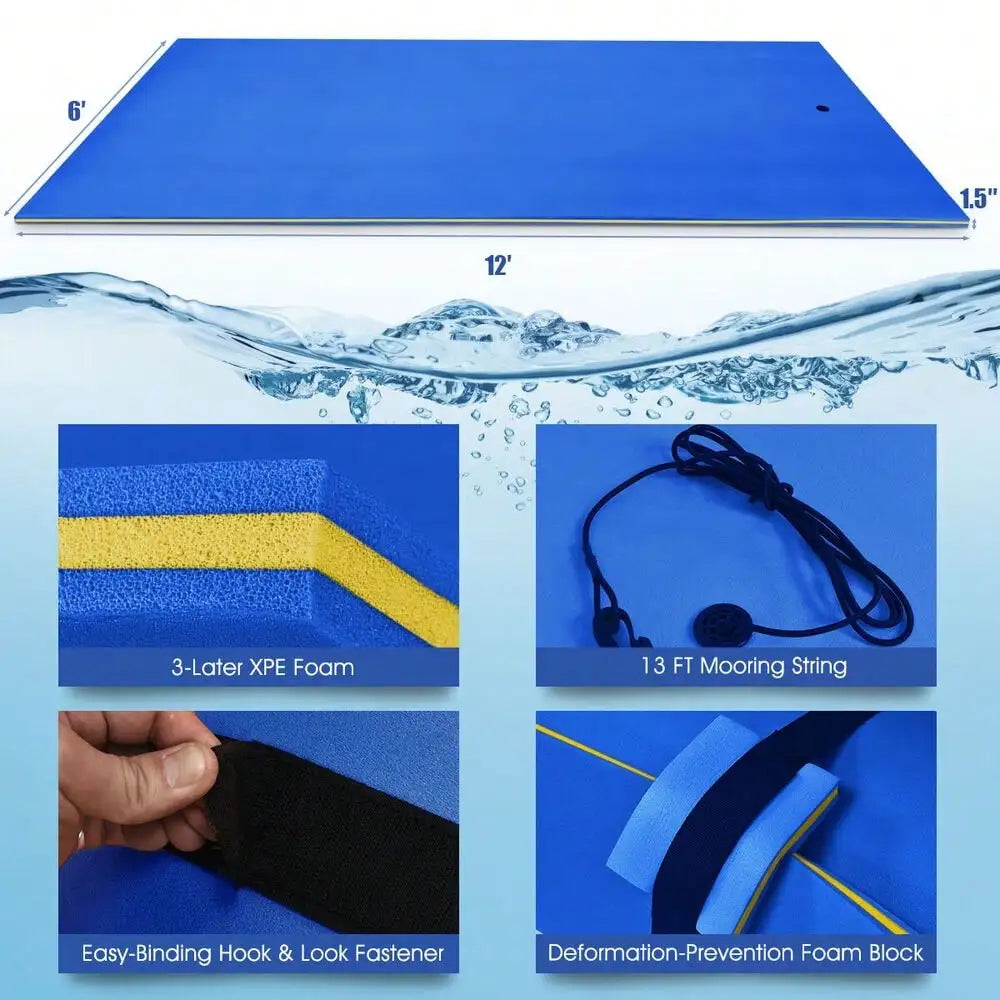 3-Layer Floating Water Pad 12' x 6' Floating Oasis Foam Mat Blue