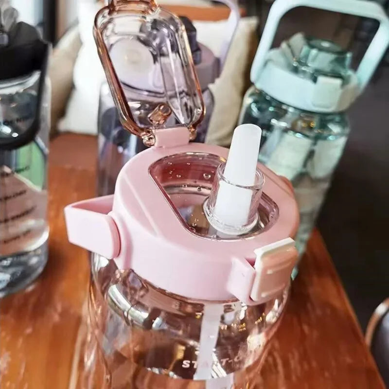 2L Sports Straw Water Bottle with Time Marker